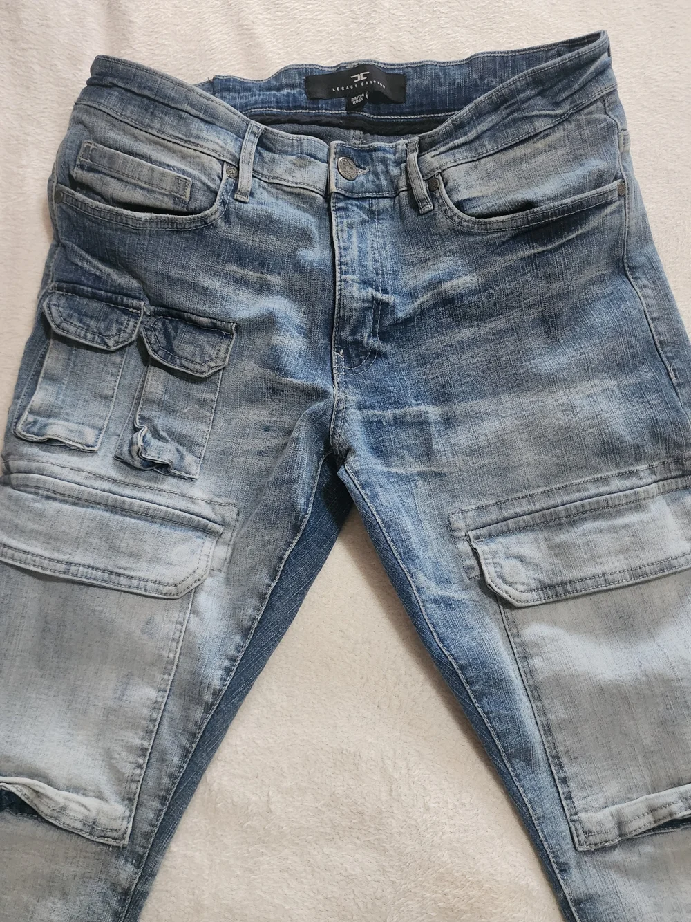 Jordan Craig Tactical Cargo Denim Jeans Slim Taper 34/34 Light Blue Wash